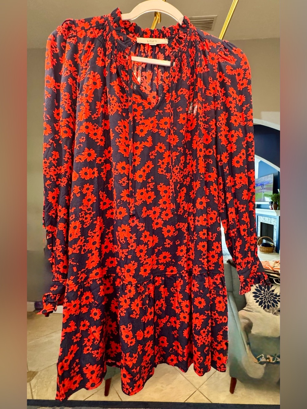 LOFT Navy Dress with Red Floral Print — Long Sleeve Tiered